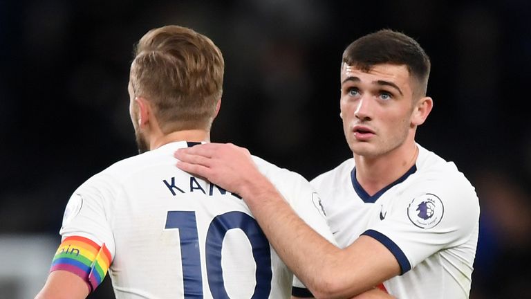 Troy Parrott embraces Harry Kane after Tottenham's 5-0 win over Burnley