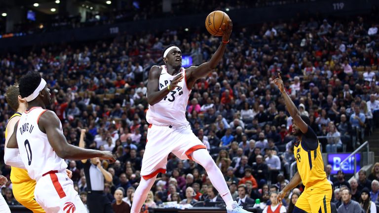 Psacal Siakam lifts the ball towards the basket in the win against the Jazz