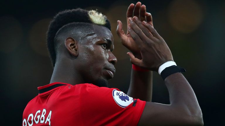 Manchester United&#39;s Paul Pogba applauds the fans after the watch against Watford