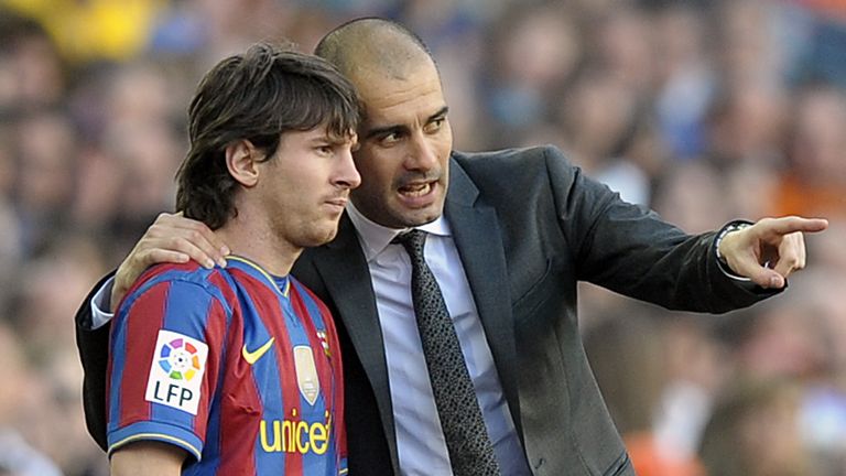Pep Guardiola during his time at Barcelona speaking to Lionel Messi