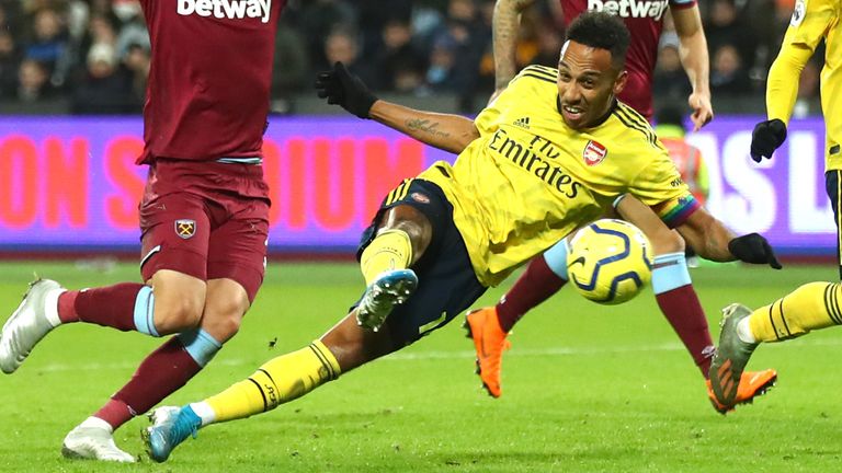 Pierre-Emerick Aubameyang volleys home Arsenal's third goal at West Ham