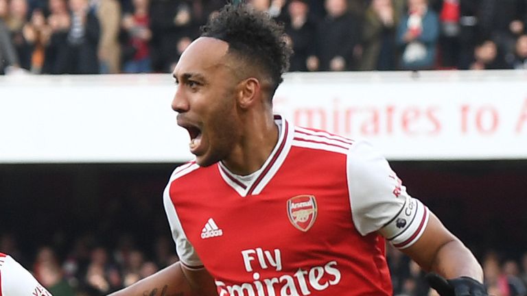 LONDON, ENGLAND - DECEMBER 29: Pierre-Emerick Aubameyang celebrates scoring for Arsenal during the Premier League match between Arsenal FC and Chelsea FC at Emirates Stadium on December 29, 2019 in London, United Kingdom. (Photo by Stuart MacFarlane/Arsenal FC via Getty Images)