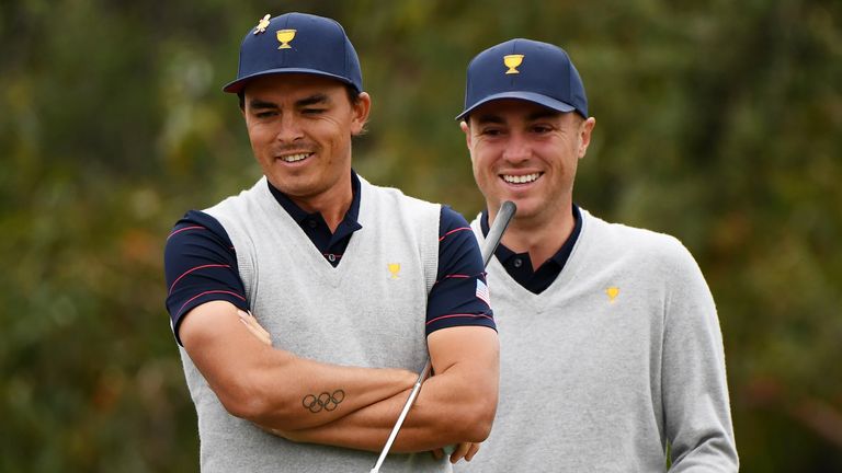Justin Thomas of the United States team and Rickie Fowler of the United States team look on during Saturday four-ball matches on day three of the 2019 Presidents Cup at Royal Melbourne Golf Course