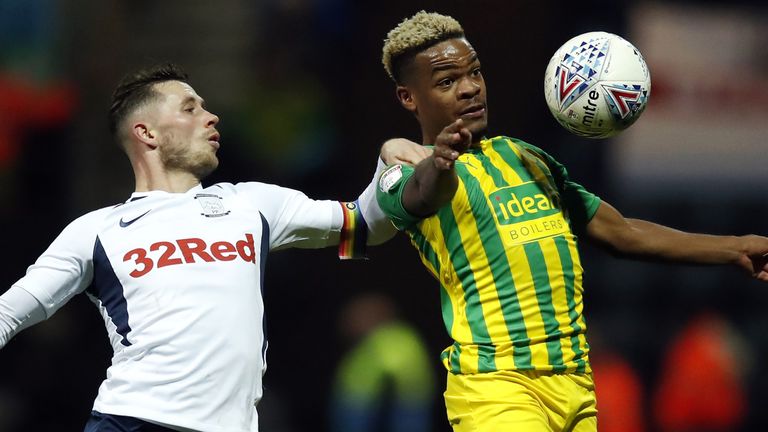 Preston North End&#39;s Alan Browne and West Bromwich Albion&#39;s Grady Diangana battle for the ball during the Sky Bet Championship match at Deepdale, Preston. PA Photo. Picture date: Monday December 2, 2019. See PA story SOCCER Preston. Photo credit should read: Martin Rickett/PA Wire. RESTRICTIONS: EDITORIAL USE ONLY No use with unauthorised audio, video, data, fixture lists, club/league logos or "live" services. Online in-match use limited to 120 images, no video emulation. No use in betting, games or single club/league/player publications