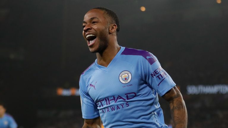 Raheem Sterling celebrates scoring for Manchester City vs Wolves