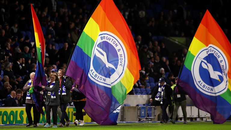 BRIGHTON, ENGLAND - DECEMBER 08: Stonewall Rainbow laces flags are seen prior to the Premier League match between Brighton & Hove Albion and Wolverhampton Wanderers at American Express Community Stadium on December 08, 2019 in Brighton, United Kingdom. (Photo by Bryn Lennon/Getty Images)