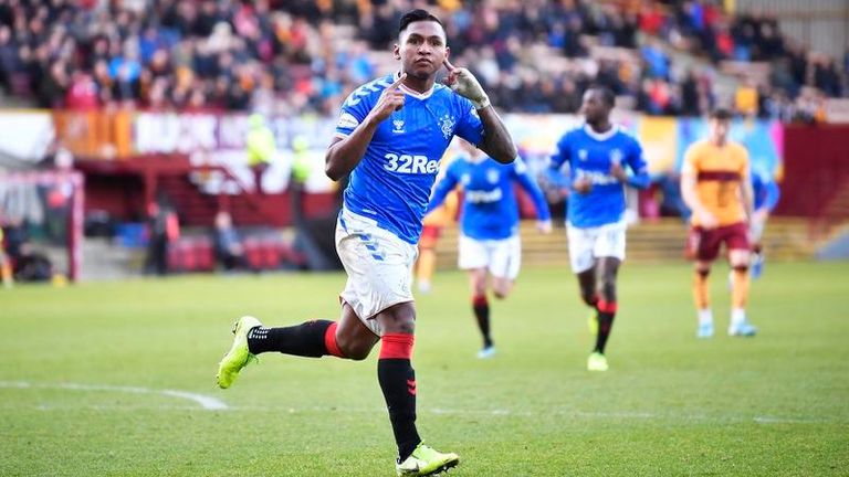 MOTHERWELL, SCOTLAND - DECEMBER 15: Rangers' Alfredo Morelos celebrates his goal to make it 2-0 with his teammates during the Ladbrokes Premiership match between Motherwell and Rangers at Fir Park, on December 15, 2019, in Edinburgh, Scotland. (Photo by Rob Casey / SNS Group) 
