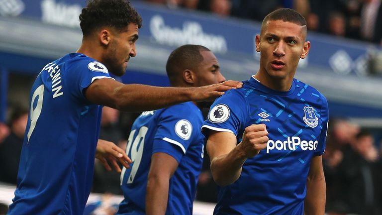 Richarlison celebrates scoring the opening goal during Everton vs Chelsea