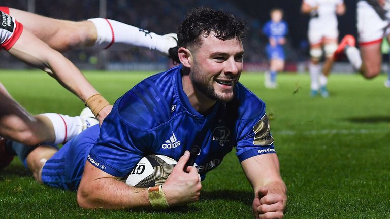 20 December 2019; Robbie Henshaw of Leinster goes over to score his side's fourth try despite the tackle of David Shanahan of Ulster during the Guinness PRO14 Round 8 match between Leinster and Ulster at the RDS Arena in Dublin. Photo by Harry Murphy/Sportsfile