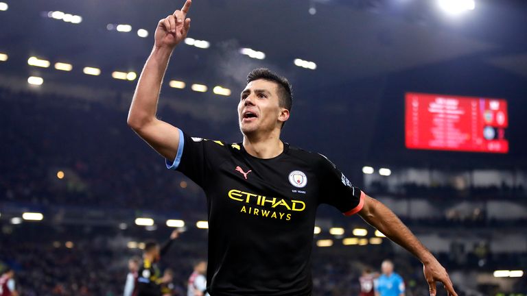 Manchester City's Rodrigo celebrates scoring his sides third goal during the Premier League match at Turf Moor, Burnley. PA Photo. Picture date: Tuesday December 3, 2019. See PA story SOCCER Burnley. Photo credit should read: Martin Rickett/PA Wire. RESTRICTIONS: EDITORIAL USE ONLY No use with unauthorised audio, video, data, fixture lists, club/league logos or "live" services. Online in-match use limited to 120 images, no video emulation. No use in betting, games or single club/league/player publications.