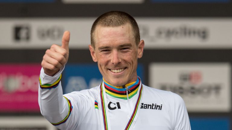 Australia's Rohan Dennis celebrates on the podium after winning the Elite Men Individual Time Trial in Harrogate