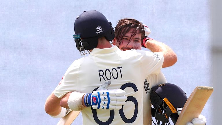 Rory Burns celebrates with England captain Joe Root after reaching in century in the second Test against New Zealand