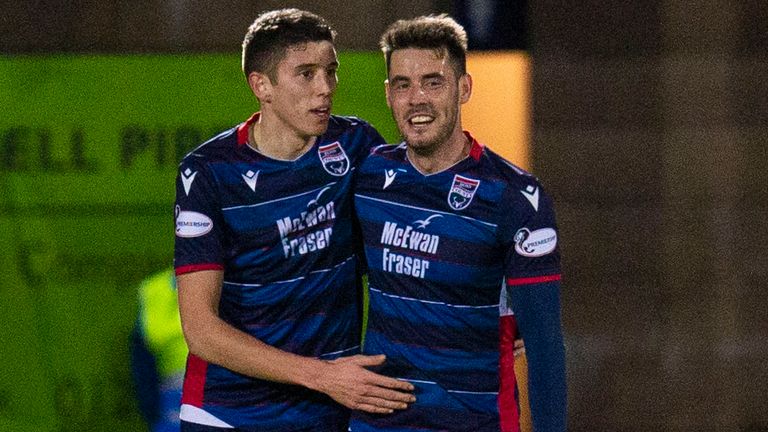 Ross County’s Ross Stewart celebrates his goal with teammate Brian Graham during the Ladbrokes Premiership match between Ross County and Hibernian at The Global Energy Stadium