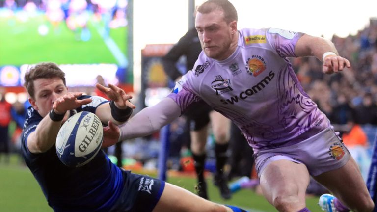 Stuart Hogg is denied a try by Sam James