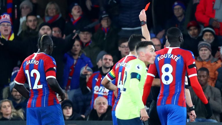 LONDON, ENGLAND - DECEMBER 03: Mamadou Sakho of Crystal Palace is awarded a red card during the Premier League match between Crystal Palace and AFC Bournemouth at Selhurst Park on December 03, 2019 in London, United Kingdom. (Photo by Chloe Knott - Danehouse/Getty Images)
