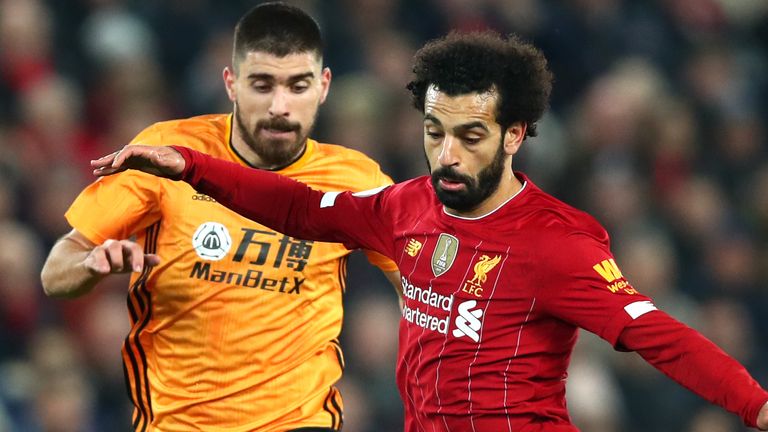 Mo Salah shoots for goal in Liverpool's match with Wolves
