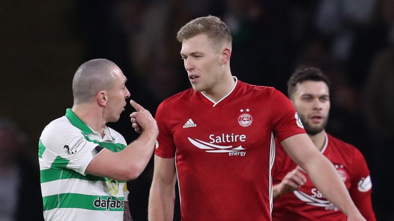 Sam Cosgrove clashed with Scott Brown after being sent off at Celtic Park