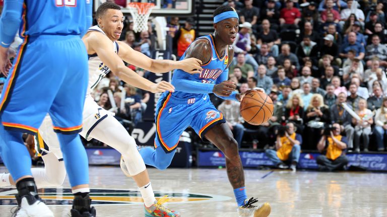 Dennis Schroder of the Oklahoma City Thunder handles the ball during the game against the Utah Jazz