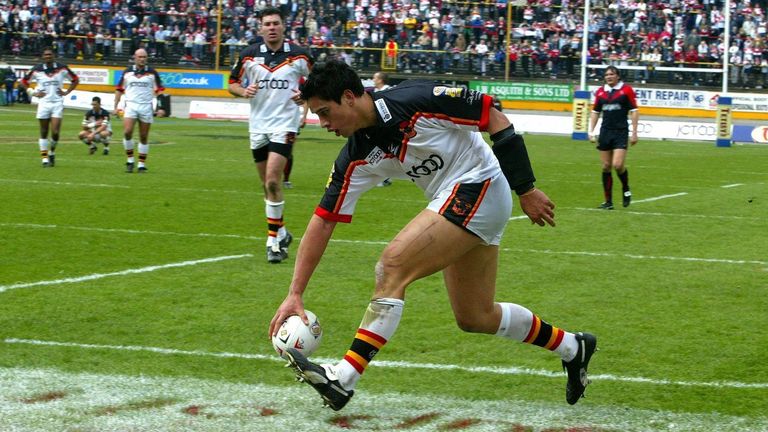 Bradford's Shontayne Hape scores against St Helens during their Super League match at Odsal Stadium, Bradford.