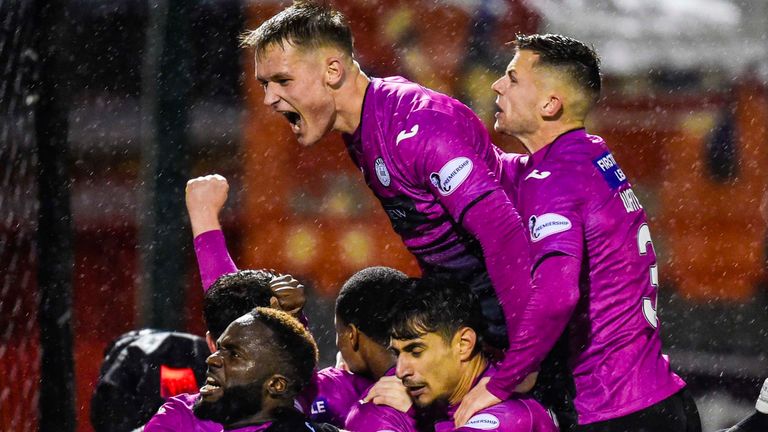 St Mirren's Cammy MacPherson is mobbed by his team-mates after the opening goal during against Hamilton 