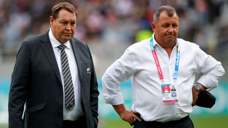 Steve Hansen head coach of New Zealand with Ian Foster during the Rugby World Cup 2019 Group B game between New Zealand and Namibia at Tokyo Stadium on October 6, 2019 in Chofu, Tokyo, Japan. (P