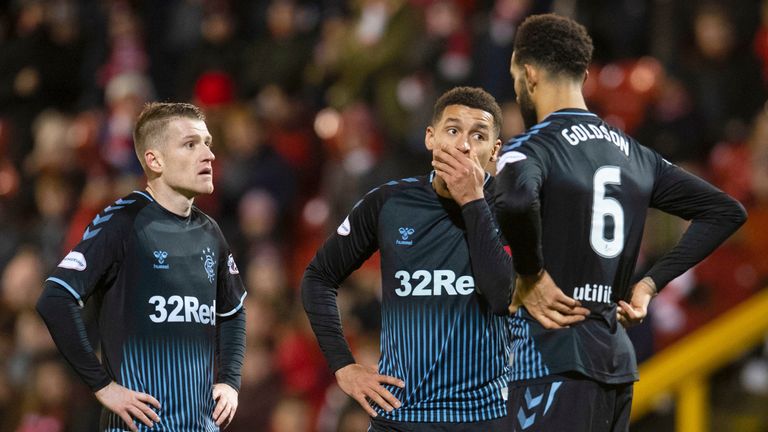 Steven Davis, James Tavernier and Connor Goldson (L-R) during the Premiership match between Aberdeen and Rangers