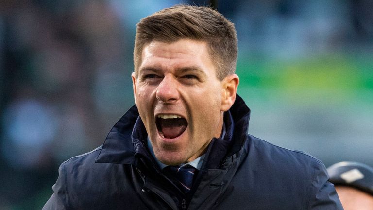 Steven Gerrard celebrates Rangers winning at Celtic