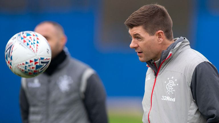 Rangers boss Steven Gerrard does keep-uppies in training ahead of the Betfred Cup final