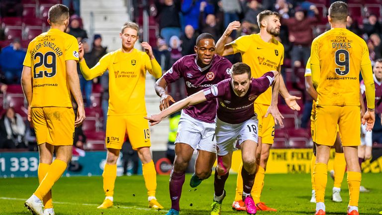 Hearts’ Steven MacLean gets the equaliser during the Premiership match between Hearts and Livingston at Tynecastle
