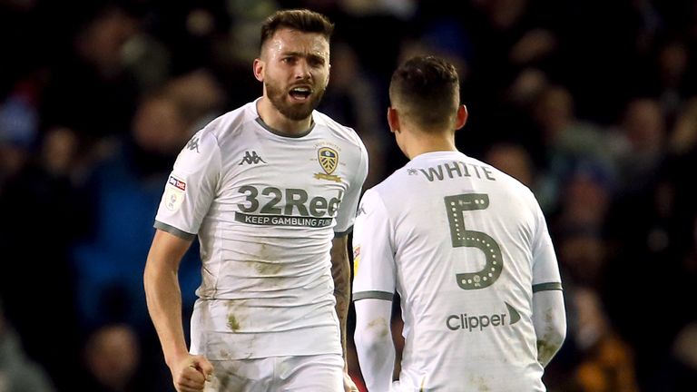 Leeds United's Stuart Dallas celebrates scoring his side's equaliser with Ben White