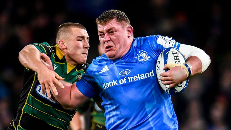 14 December 2019; Tadhg Furlong of Leinster is tackled by Ollie Sleightholme of Northampton Saints during the Heineken Champions Cup Pool 1 Round 4 match between Leinster and Northampton Saints at the Aviva Stadium in Dublin. Photo by Sam Barnes/Sportsfile
