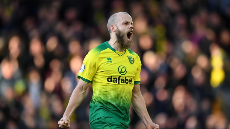 Teemu Pukki celebrates after scoring for Norwich against Arsenal