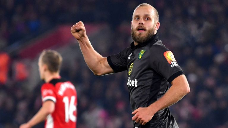 Teemu Pukki pumps his fist in celebration after scoring for Norwich