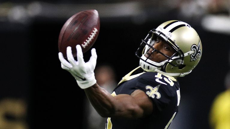 Wide receiver Michael Thomas of the New Orleans Saints makes a catch over the Indianapolis Colts