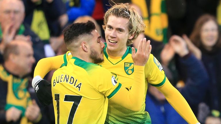 Todd Cantwell celebrates with Norwich team-mate Emiliano Buendia after putting them 1-0 up