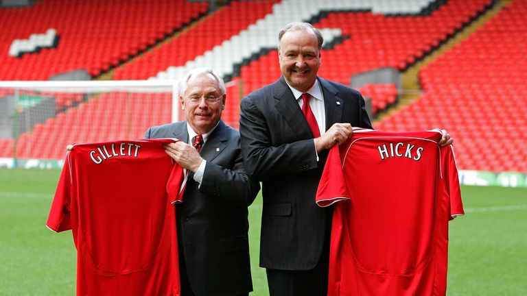 American businessmen George Gillett and Tom Hicks talk to the media after their takeover of Liverpool Football Club 