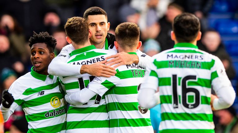 Tom Rogic celebrates after scoring to make it 3-1 during the Ladbrokes Premiership match between Ross County and Celtic at the Global Energy Stadium 