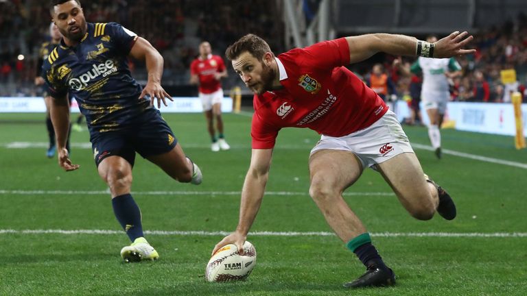 Tommy Seymour of the Lions touches down to score his team's second try during the 2017 British & Irish Lions tour match between the Highlanders and the British & Irish Lions at the Forsyth Barr Stadium on June 13, 2017 in Dunedin, New Zealand.