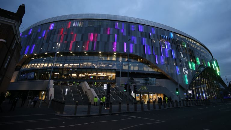 LONDON, ENGLAND - DECEMBER 07: General view outside the stadium as it lights up in support of the Rainbow Laces Campaign prior to the Premier League match between Tottenham Hotspur and Burnley FC at Tottenham Hotspur Stadium on December 07, 2019 in London, United Kingdom. (Photo by Tottenham Hotspur FC/Tottenham Hotspur FC via Getty Images)