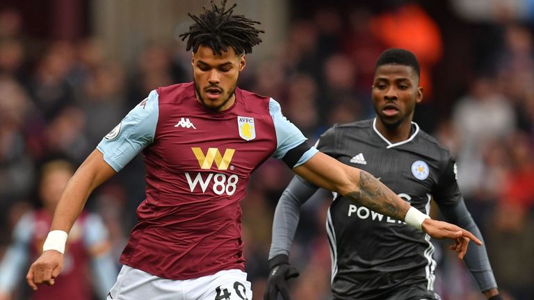Aston Villa defender Tyrone Mings shields the ball from Leicester's Kelechi Iheanacho