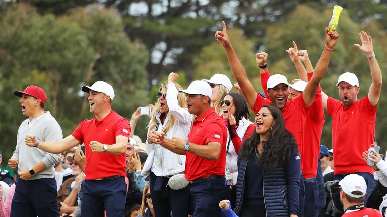Justin Thomas of the United States team, Gary Woodland of the United States team, Tony Finau of the United States team, Xander Schauffele of the United States team and Webb Simpson of the United States team celebrate winning the Presidents Cup during Sunday Singles matches on day four of the 2019 Presidents Cup at Royal Melbourne Golf Course 