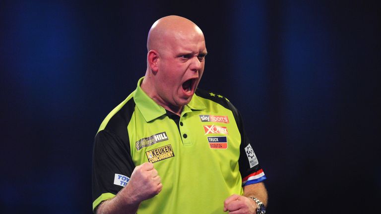 Michael van Gerwen celebrates during his match against Ricky Evans at the World Championship 