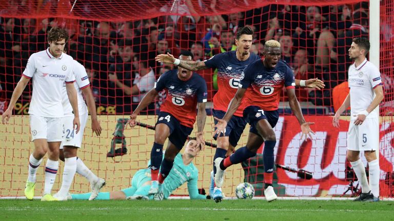 Victor Osimhen #7 of Lille celebrates his goal against Chelsea
