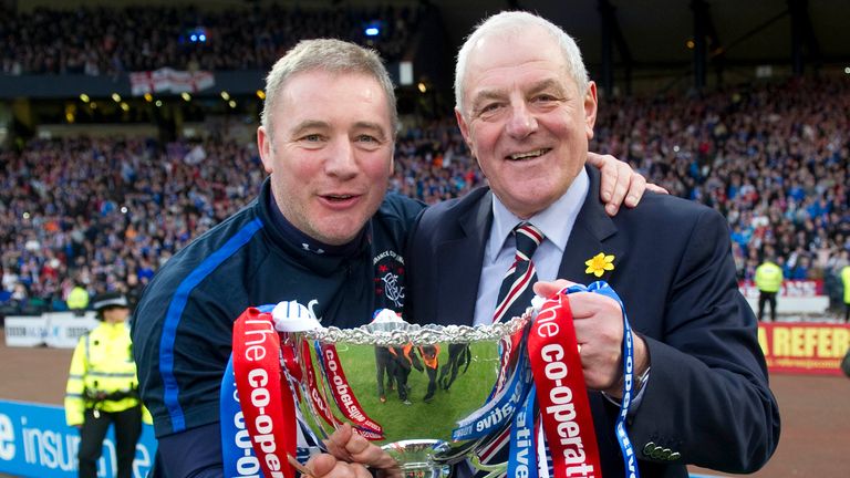 Walter Smith and then-assistant Ally McCoist celebrate Rangers' League Cup final win in 2011