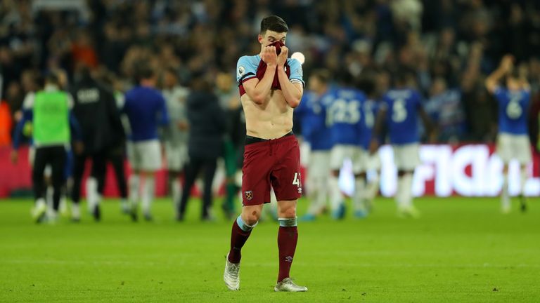 Declan Rice shows his frustration after West Ham's defeat to Leicester