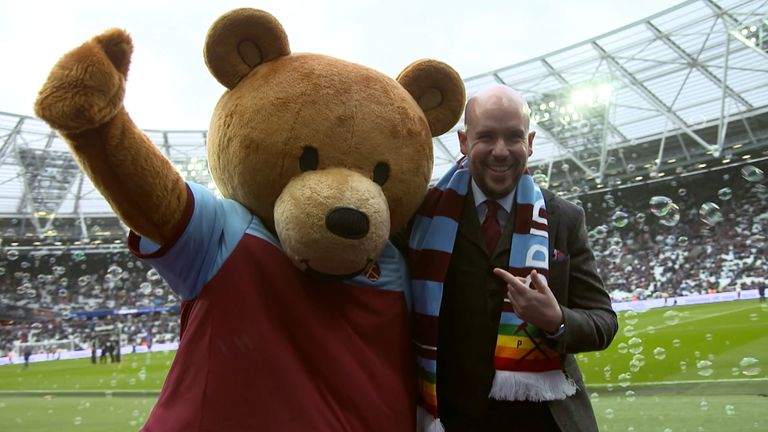 West Ham United FC mascot Bubbles the Bear with Tom Allen, &#39;I&#39;m Game&#39; Rainbow Laces
