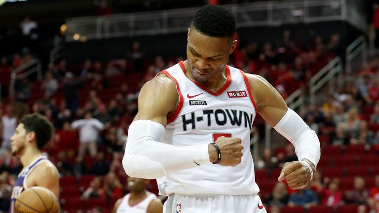  Russell Westbrook of the Houston Rockets reacts after a basket in the fourth quarter against the Phoenix Suns