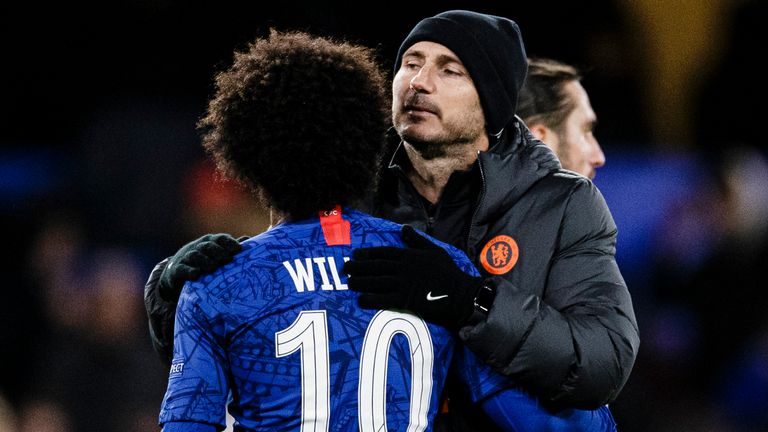  Chelsea FC Head Coach Frank Lampard (R) hugs Willian da Silva of Chelsea (L) after winning Lile during the UEFA Champions League group H match between Chelsea FC and Lille OSC at Stamford Bridge on December 10, 2019 in London, United Kingdom.