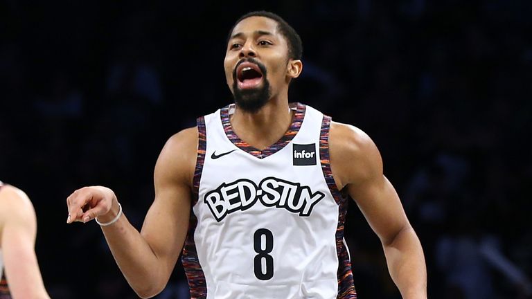 Spencer Dinwiddie celebrates his game-winning lay-up against the Denver Nuggets