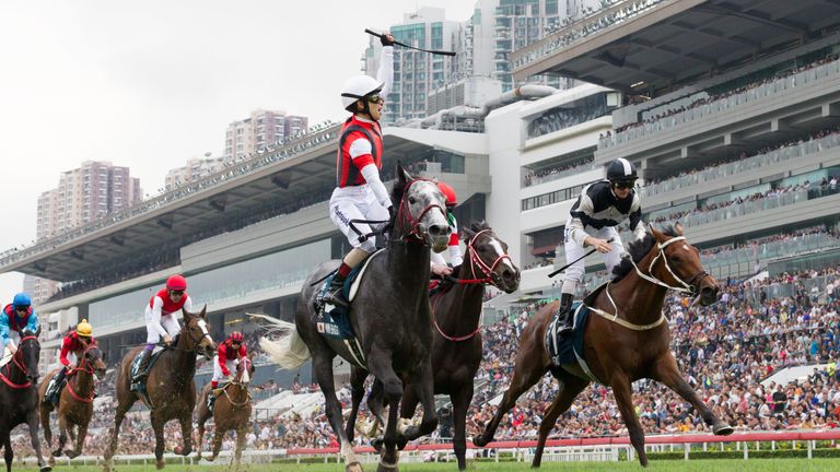 HONG KONG, HONG KONG - APRIL 28 : Jockey Masami Matsuoka riding Japanese horse Win Bright wins Race 8 The FWD Queen Elizabeth II Cup (Group 1) at Sha Tin Racecourse on April 28, 2019 in Hong Kong.   (Photo by Lo Chun Kit /Getty Images)